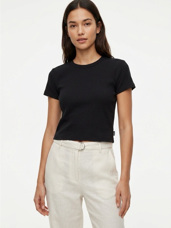 TNA Tops - TNA Ribbed Crewneck Short Sleeve Crop Top Cotton Elastane Black M